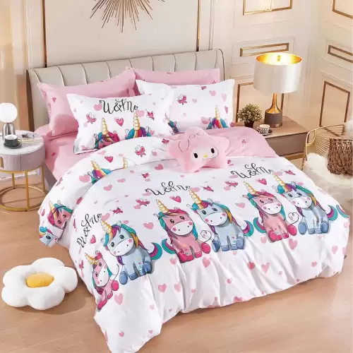 Lenjerie pat dublu, FINET, 6 piese, Jojo Home, Alb, Multicolor, unicorni