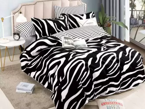 Lenjerie pat dublu, FINET, 6 piese, Jojo Home, Alb-Negru, animal print