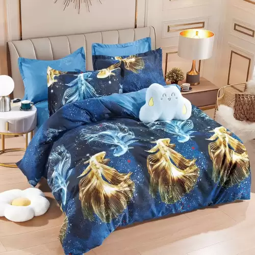 Lenjerie pat dublu,  FINET, 6 piese, Jojo Home, Albastru, Auriu, pesti