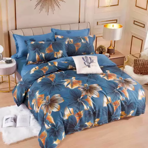 Lenjerie pat dublu,  FINET, 6 piese, Jojo Home, Albastru, flori