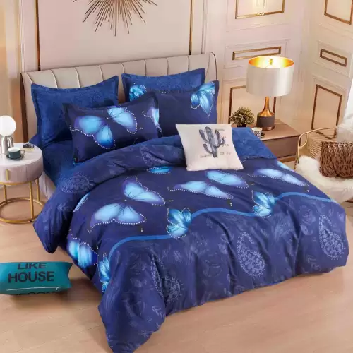 Lenjerie pat dublu,  FINET, 6 piese, Jojo Home, Albastru, fluturi