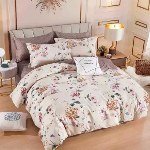 Lenjerie pat dublu, FINET, 6 piese, Jojo Home, Bej, flori