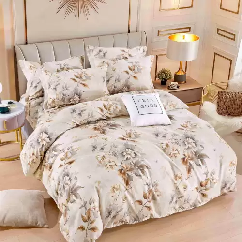 Lenjerie pat dublu, FINET, 6 piese, Jojo Home, Bej, Flori