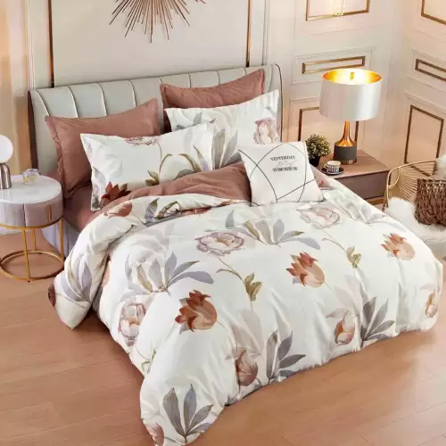 Lenjerie pat dublu,  FINET, 6 piese, Jojo Home, Bej, flori