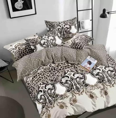 Lenjerie pat dublu,  FINET, 6 piese, Jojo Home, Bej, Negru, Animal Print, Oriental