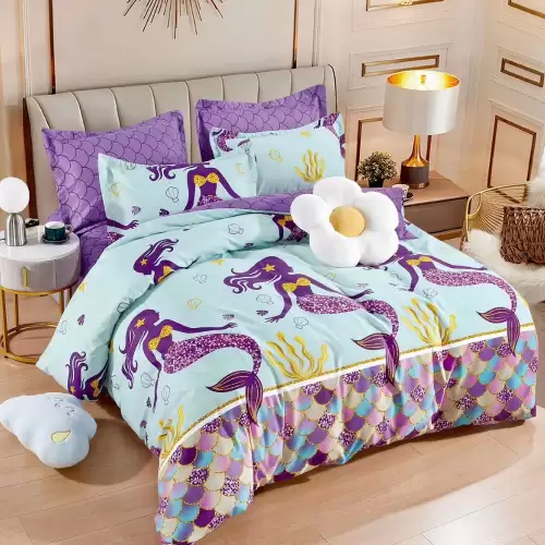 Lenjerie pat dublu, FINET, 6 piese, Jojo Home, Bleu, Mov, sirene