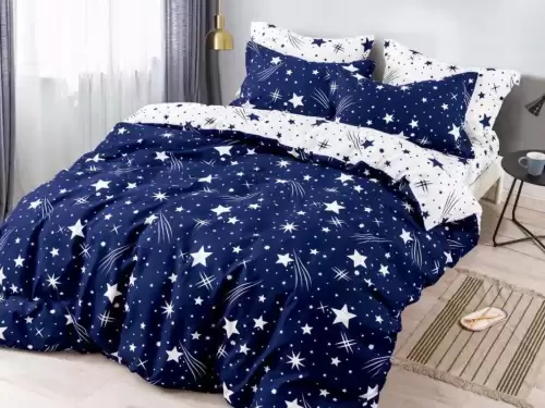 Lenjerie pat dublu,  FINET, 6 piese, Jojo Home, Bleumarin - Alb, stelute