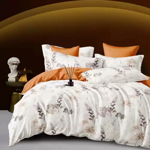 Lenjerie pat dublu,  FINET, 6 piese, Jojo Home, Crem, Caramiziu, frunze