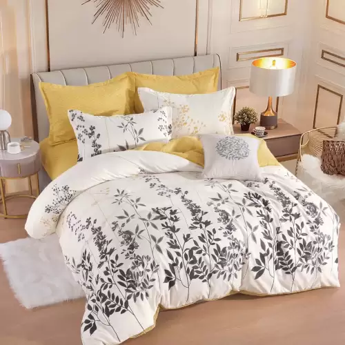 Lenjerie pat dublu, FINET, 6 piese, Jojo Home, Crem, Galben, Flori si Frunze