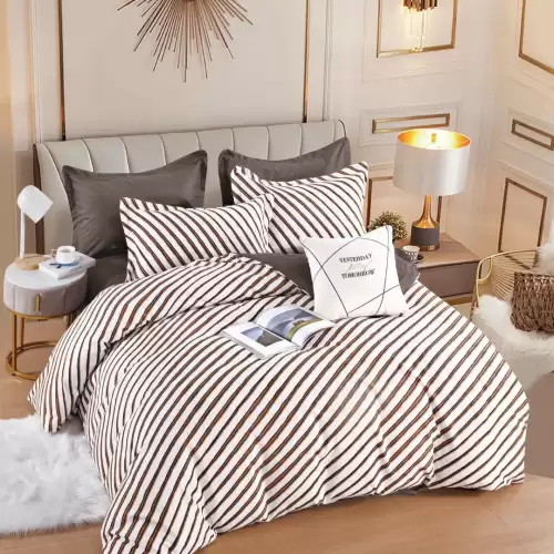 Lenjerie pat dublu,  FINET, 6 piese, Jojo Home, Crem, Maro, Dungi