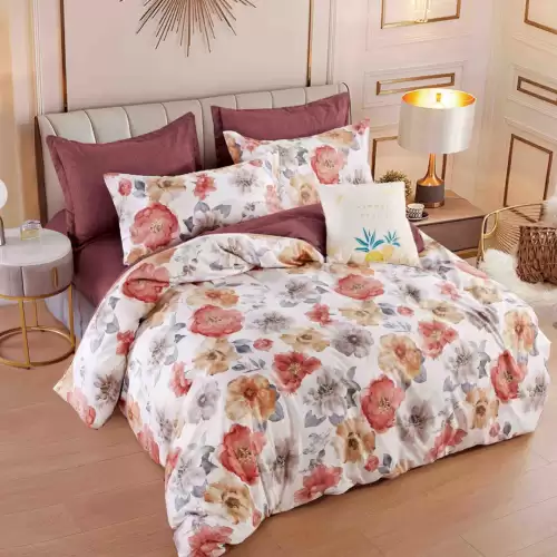 Lenjerie pat dublu,  FINET, 6 piese, Jojo Home, Crem-Maro, flori