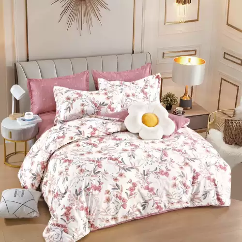 Lenjerie pat dublu, FINET, 6 piese, Jojo Home, Crem, Roz, Flori