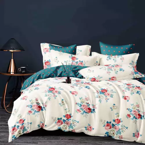Lenjerie pat dublu,  FINET, 6 piese, Jojo Home, Crem, Turquoise, Floricele