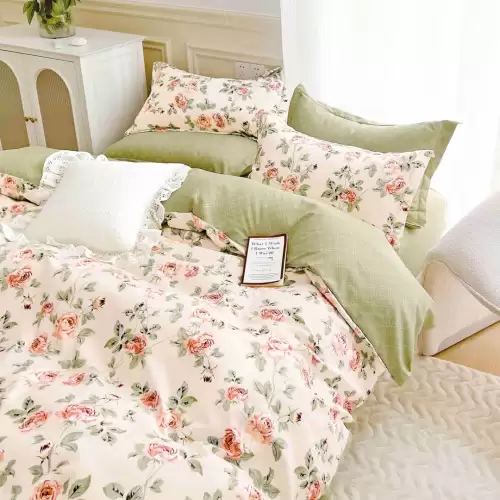 Lenjerie pat dublu,  FINET, 6 piese, Jojo Home, Crem, Verde, floricele