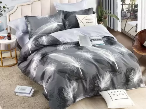 Lenjerie pat dublu,  FINET, 6 piese, Jojo Home, Gri-Alb, pene