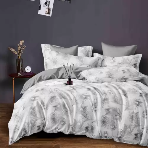 Lenjerie pat dublu, FINET, 6 piese, Jojo Home, Gri, pene de paun