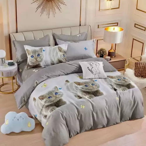 Lenjerie pat dublu, FINET, 6 piese, Jojo Home, Gri, pisicute, British Shorthair