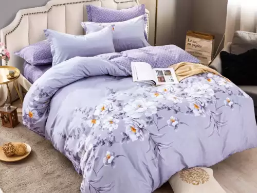 Lenjerie pat dublu, FINET, 6 piese, Jojo Home, Lila-Multicolor, flori