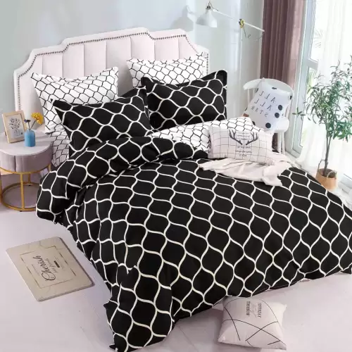 Lenjerie pat dublu,  FINET, 6 piese, Jojo Home, Negru, Alb, model elegant