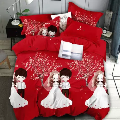 Lenjerie pat dublu,  FINET, 6 piese, Jojo Home, Rosu-Multicolor, indragostiti