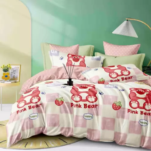 Lenjerie pat dublu,  FINET, 6 piese, Jojo Home, Roz, ursuleti, capsuni