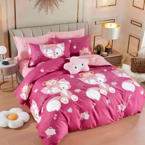 Lenjerie pat dublu, FINET, 6 piese, Jojo Home, Roz, vulpite, ursuleti