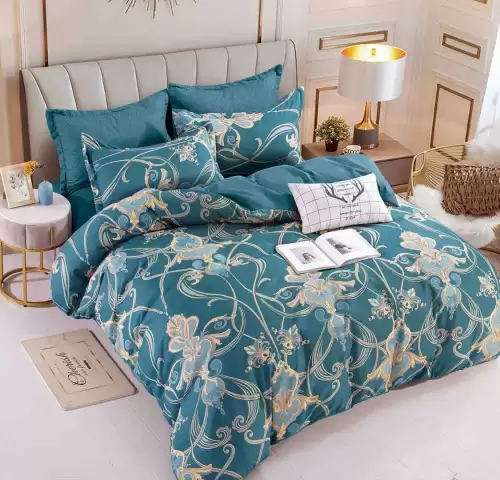 Lenjerie pat dublu,  FINET, 6 piese, Jojo Home, Turquoise, Model Elegant