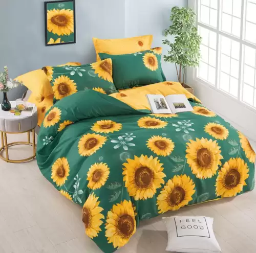 Lenjerie pat dublu, FINET, 6 piese, Jojo Home, Verde, Galben, flori