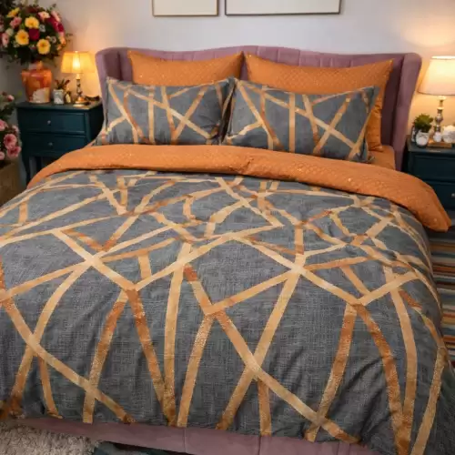 Lenjerie pat dublu, Finet, 6 piese, Maro, forme geometrice