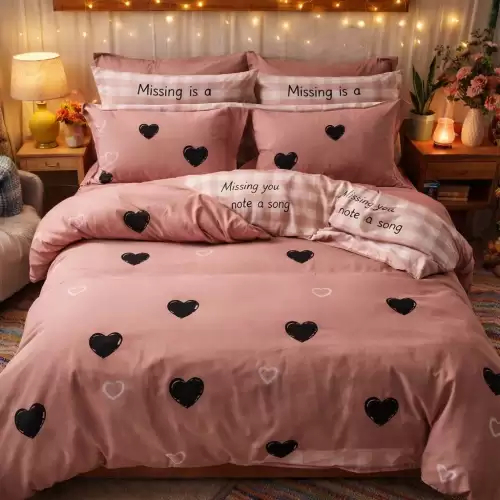 Lenjerie pat dublu, Finet, 6 piese, Maro, inimioare