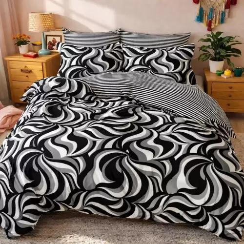 Lenjerie pat dublu, Finet, 6 piese, Negru, abstract
