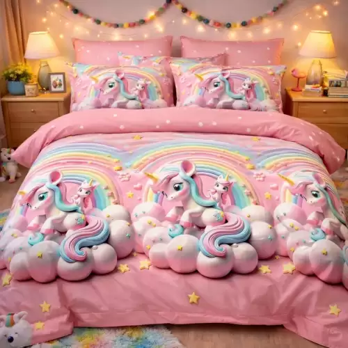 Lenjerie pat dublu, Finet, 6 piese, Roz, unicorni