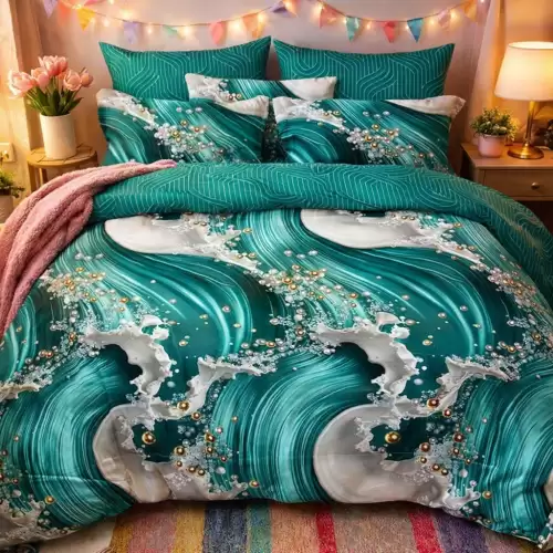 Lenjerie pat dublu, Finet, 6 piese, Verde, abstract