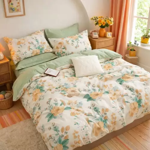 Lenjerie pat dublu, Finet, 6 piese, Verde, flori