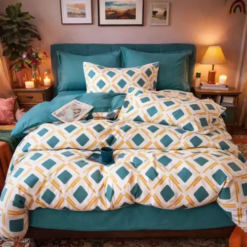 Lenjerie pat dublu, Finet, 6 piese, Verde, romburi