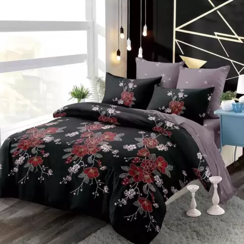 Lenjerie pat dublu, FINET, cu elastic, 6 piese, Negru, Rosu, flori