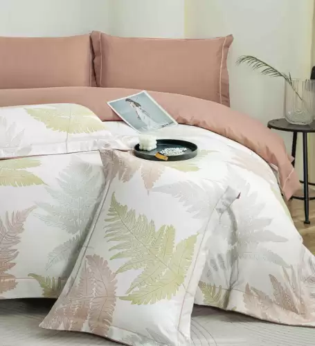 Lenjerie pat dublu, FINET DeLuxe, 6 piese, cu ELASTIC, Jojo Home, Cutie Eleganta, Alb, Bej, Ferigi