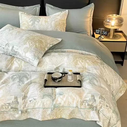 Lenjerie pat dublu, FINET DeLuxe, 6 piese, cu ELASTIC, Jojo Home, Cutie Eleganta, Crem, Bej, Gri, Copaci, Oras