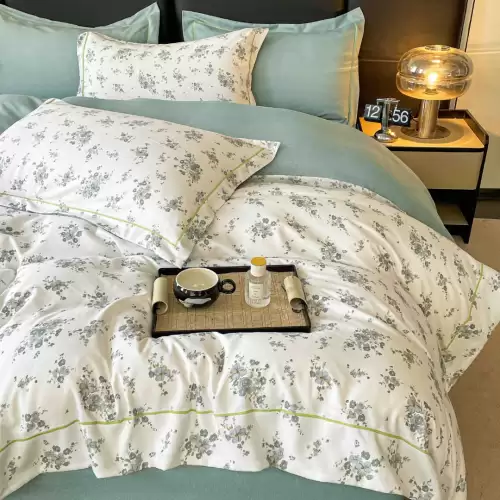 Lenjerie pat dublu, FINET DeLuxe, 6 piese, cu ELASTIC, Jojo Home, Cutie Eleganta, Crem, Menta, Floricele