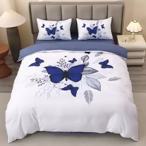 Lenjerie pat dublu, FINET, Imprimeu Digital 5D - Identic cu poza, Cu ELASTIC, 4 piese, Alb, Albastru, Fluturi