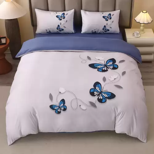 Lenjerie pat dublu, FINET, Imprimeu Digital 5D - Identic cu poza, Cu ELASTIC, 4 piese, Alb, Albastru, Fluturi