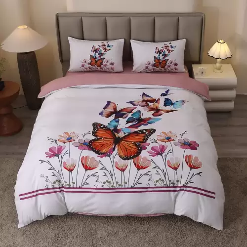 Lenjerie pat dublu, FINET, Imprimeu Digital 5D - Identic cu poza, Cu ELASTIC, 4 piese, Alb, Fluturi