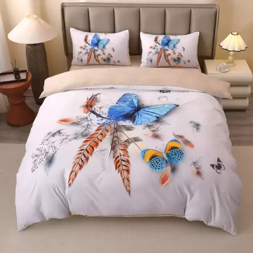 Lenjerie pat dublu, FINET, Imprimeu Digital 5D - Identic cu poza, Cu ELASTIC, 4 piese, Alb, Fluturi si Pene