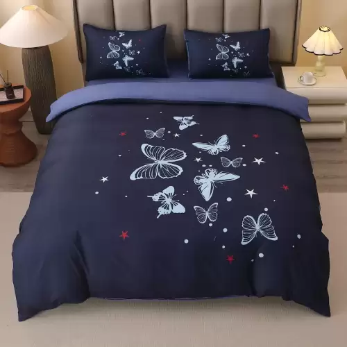 Lenjerie pat dublu, FINET, Imprimeu Digital 5D - Identic cu poza, Cu ELASTIC, 4 piese, Alb, Gri, Fluturi