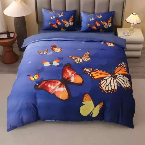 Lenjerie pat dublu, FINET, Imprimeu Digital 5D - Identic cu poza, Cu ELASTIC, 4 piese, Alb, Gri, Fluturi