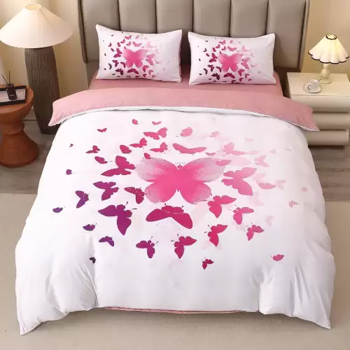 Lenjerie pat dublu, FINET, Imprimeu Digital 5D - Identic cu poza, Cu ELASTIC, 4 piese, Alb, Roz, Fluturi