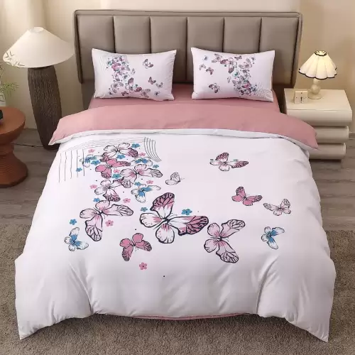 Lenjerie pat dublu, FINET, Imprimeu Digital 5D - Identic cu poza, Cu ELASTIC, 4 piese, Alb, Roz, Fluturi