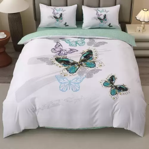 Lenjerie pat dublu, FINET, Imprimeu Digital 5D - Identic cu poza, Cu ELASTIC, 4 piese, Alb, Vernil, Fluturi