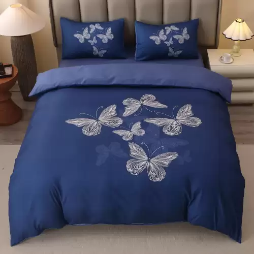 Lenjerie pat dublu, FINET, Imprimeu Digital 5D - Identic cu poza, Cu ELASTIC, 4 piese, Albastru, Fluturi