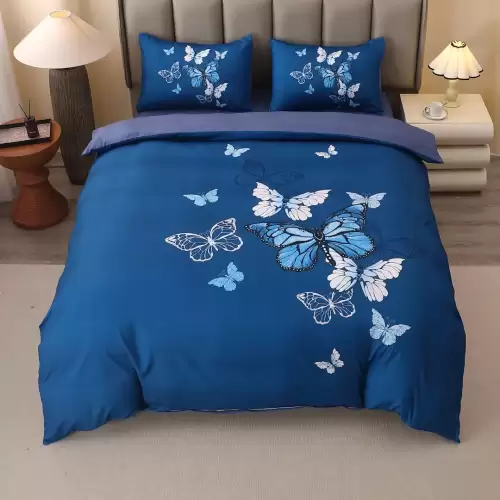 Lenjerie pat dublu, FINET, Imprimeu Digital 5D - Identic cu poza, Cu ELASTIC, 4 piese, Albastru, Fluturi